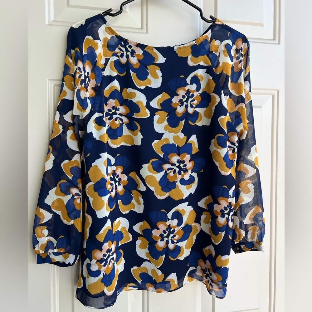 Cabi Lydia Blue and Yellow Floral Print Blouse, size M - Picture 7 of 7
